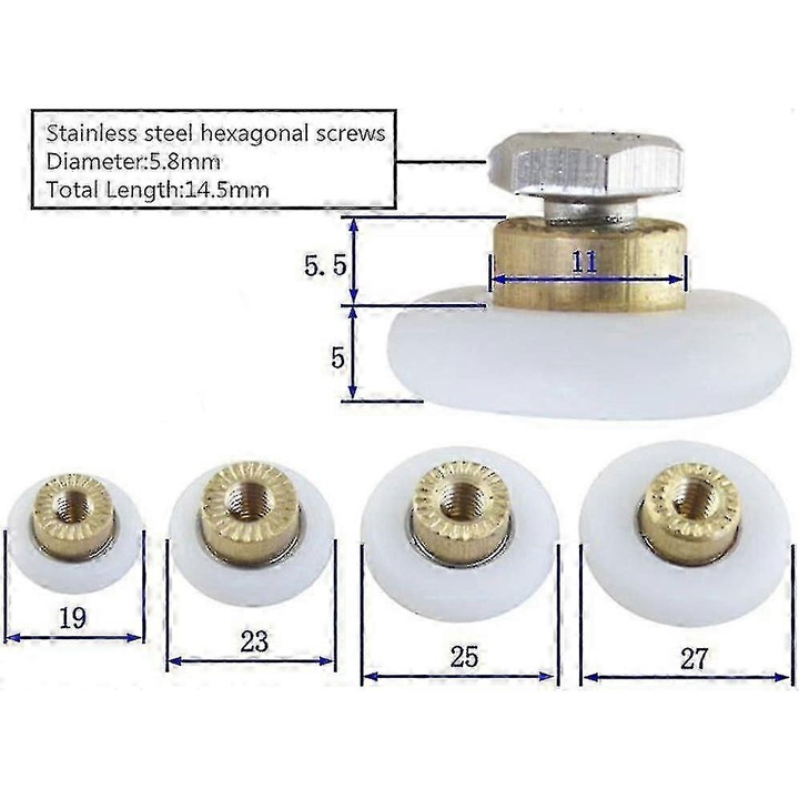 Rolete de usa de dus, 4 bucati, 19mm, nylon, rezistente la apa, pentru usi din sticla