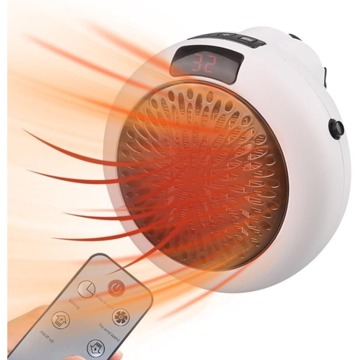 Стенен аеротерм, 900W, мини модел с дистанционно управление, бял, за бани и спални