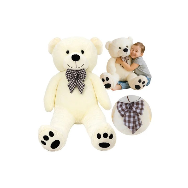 Ursulet de plus, jucarie 100 cm, figurina crem cu funda decorativa