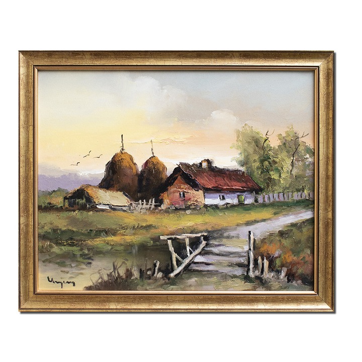 Tablou cu casa taraneasca pictat manual inramat, Amintiri din copilarie, 55x45cm ulei pe panza, rama din lemn, Geo Ungureanu