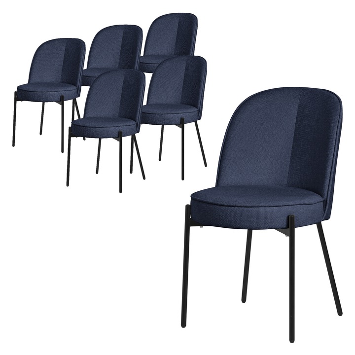 6x ML-Design kerek étkezőszék, kárpitozott, sötétkék színű, fém lábakkal, háttámlával, modern-időtlen design, elegáns és sokoldalú ergonómikus bútor konyhába és nappaliba