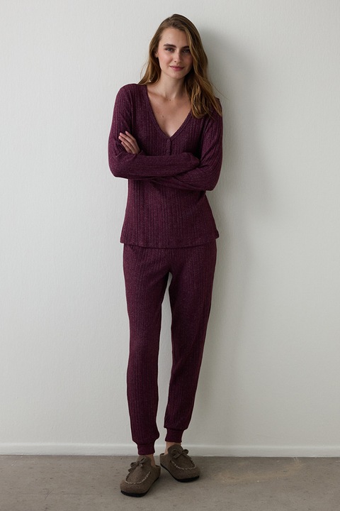 Penti, Pijama striata cu decolteu in V, Violet tyrian, L