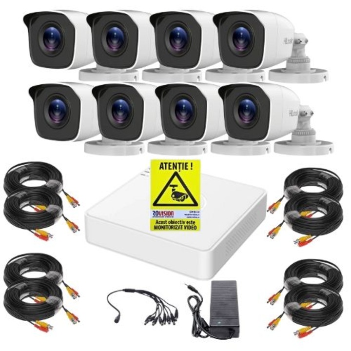 HiLook megfigyelőrendszer, 8 db 2MP kamera, 20 m infravörös, 8 csatornás 2MP DVR, szerelési tartozékok, Rovision matrica