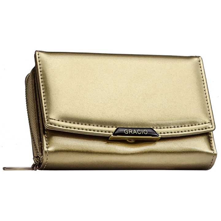 Portofel dama din piele ecologica elegant cu fermoar si capsa, protectie RFID, model Gracio, Auriu, 15 x 9.5 x 3 cm