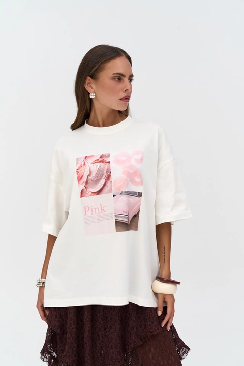 Tricou dama, HiCCUP, Ice Cream Oversize, alb, jerseu, S-M INTL