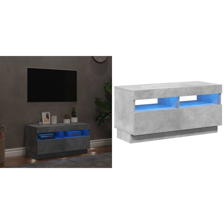 Comoda TV cu lumini LED, gri beton, 80x35x40 cm