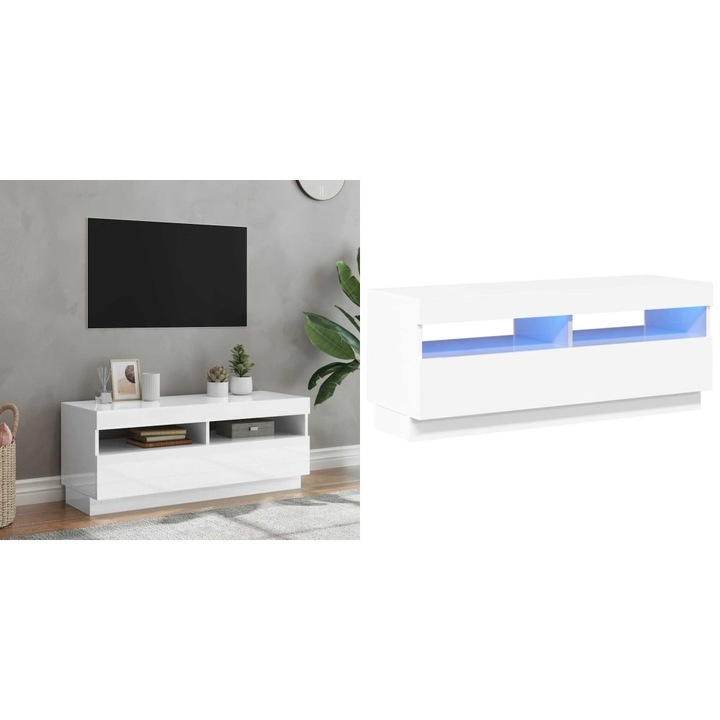 Comoda TV cu lumini LED, alb extralucios, 100x35x40 cm