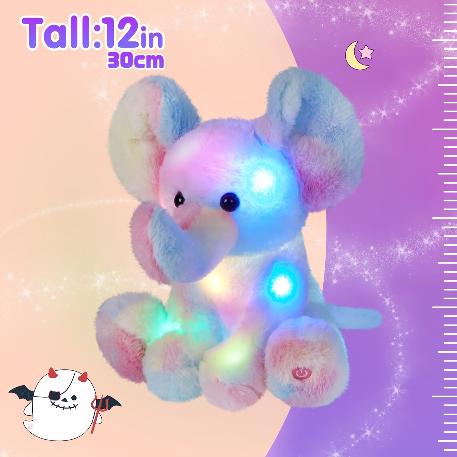 Elefant de plus muzical cu lumini, 30x25cm, multicolor, pentru