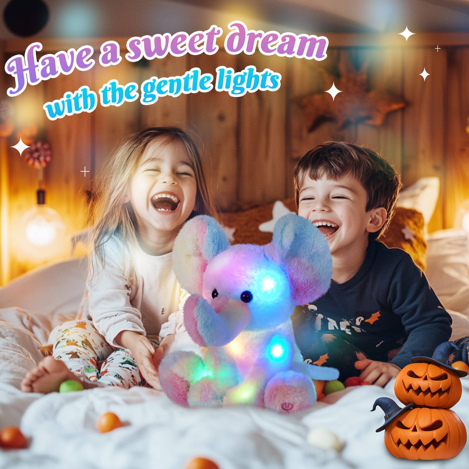 Elefant de plus muzical cu lumini, 30x25cm, multicolor, pentru