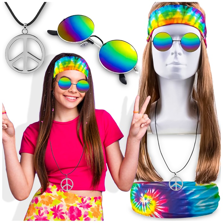 Hippie farsangi jelmez, Pixel, komplett szett parókával, szemüveggel, fejpánttal és nyaklánccal, többszínű, unisex