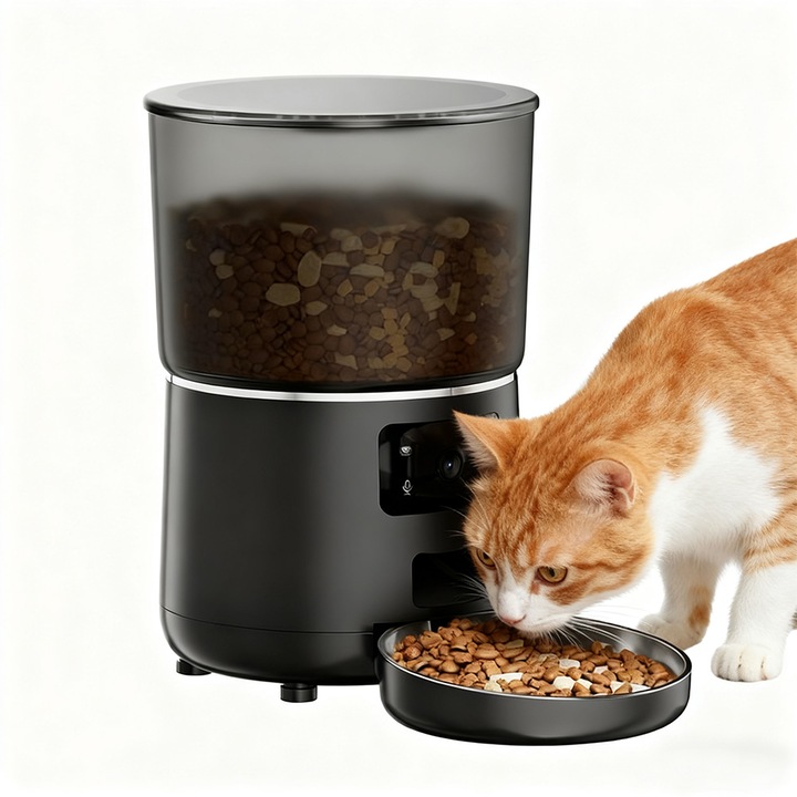 Автоматичен дозатор за храна за котки/кучета, 4L, WiFi камера, черен
