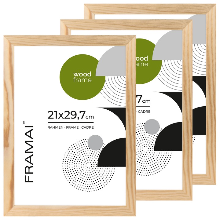 Set 3 rame foto din lemn natural, Framai, 21x29,7 cm, plexi, HDF