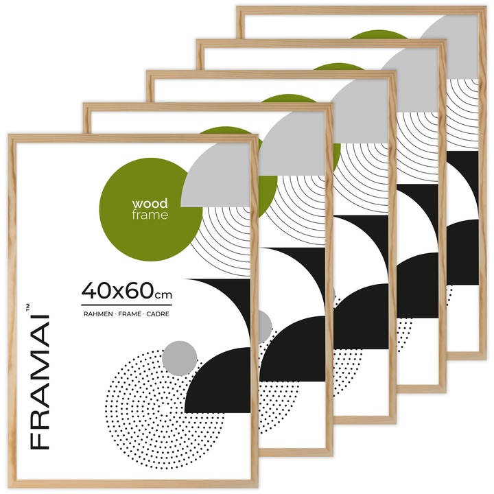 Set 5 rame foto din lemn natural RAW 40x60 cm, plexi, suport metalic