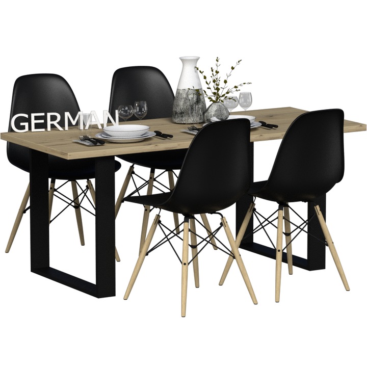 Комплект маса 120x60 см с 4 стола OSAKA, плот дъб Artisan, черни крака, лофт стил