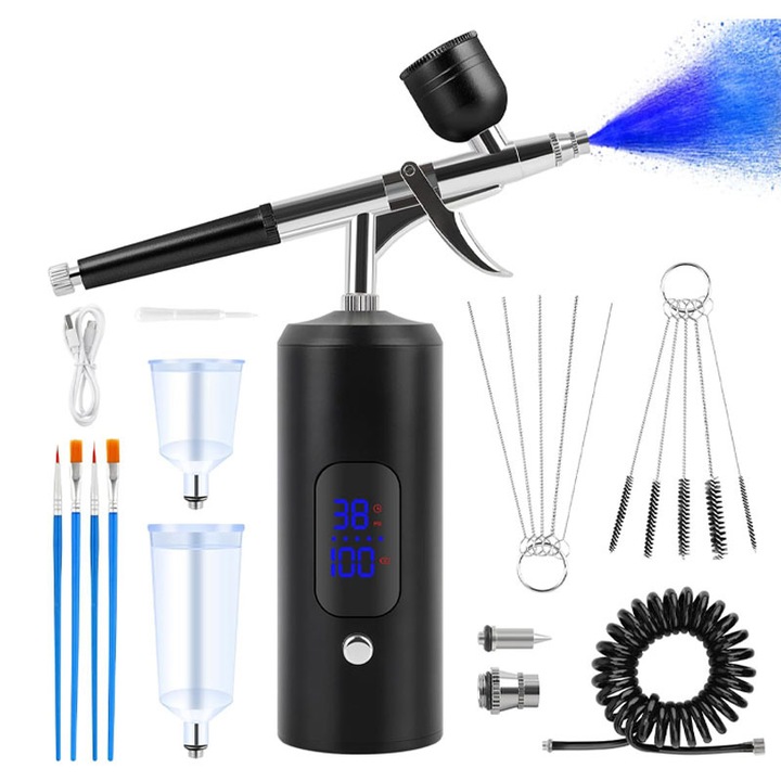 Set Aerograf Portabil cu Compresor si Furtun Detasabil, Rqiurpn, Airbrush, Pulverizator de Mana, Afisaj LCD, Duza 0.3 mm, USB, Pentru Manichiura, Machiaj, Vopsit, Decorare Tort, Graffiti, Tatuaje Temporare, Negru