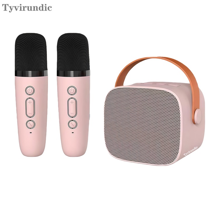 Boxa portabia cu 2 microfoane mini, Tyvirundic, pentru Karaoke, Bluetooth, sunet de inalta calitate, roz