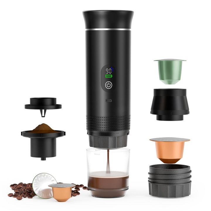 Еспресо машина 3-в-1, 20 Bar, Портативна и електрическа, Съвместима с Nespresso®, Dolce Gusto® и мляно кафе, USB-C зареждане, 80ml Резервоар от неръждаема стомана, Идеална за кола, къмпинг и офис