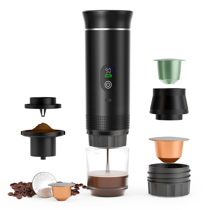Hordozható 20 Bar Elektromos Eszpresszógép 3az1-ben, Nespresso/Dolce Gusto kapszula és őrölt kávé, USB-C újratölthető, digitális kijelző, 80ml rozsdamentes acél tartály, autóba, kempinghez, irodához