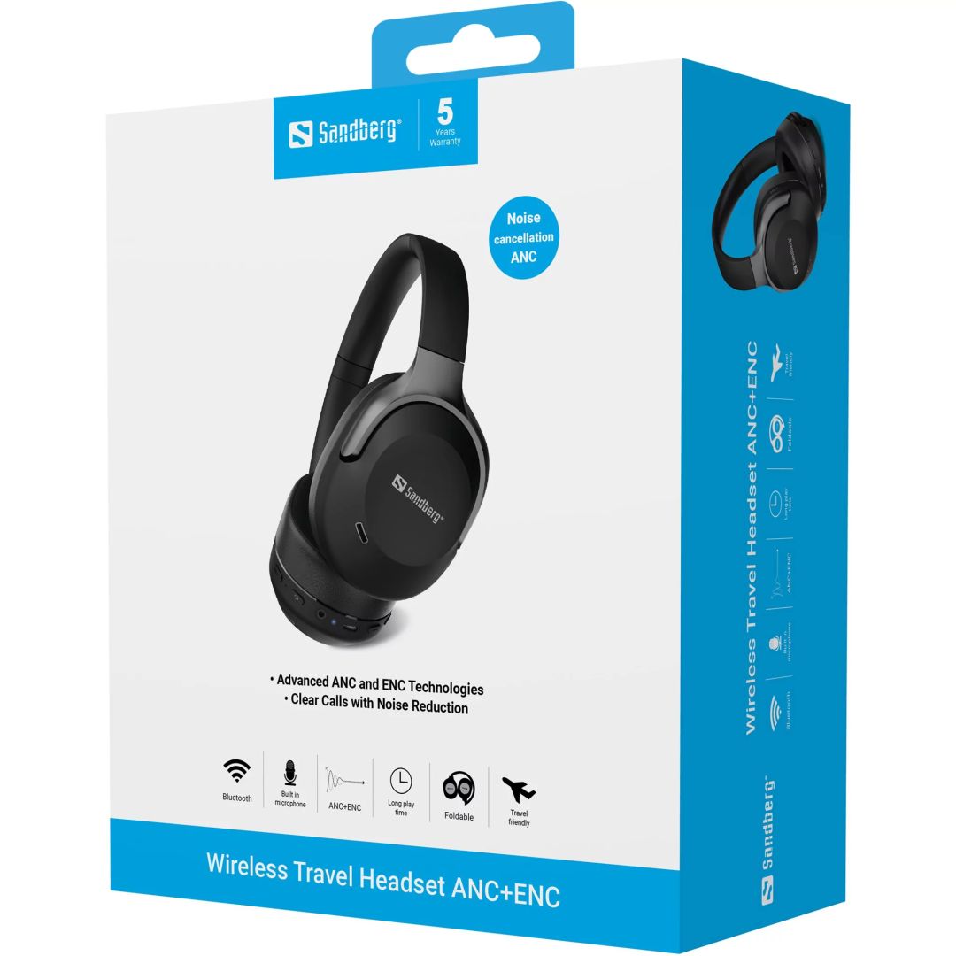 Casti Bluetooth Sandberg Travel ANC+ENC, microfon, 10m, negru