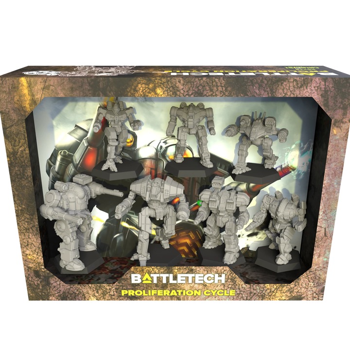 Joc de societate, Catalyst Game Labs, Battletech Proliferation Cycle, 7 miniaturi BattleMech, nepaintate, set