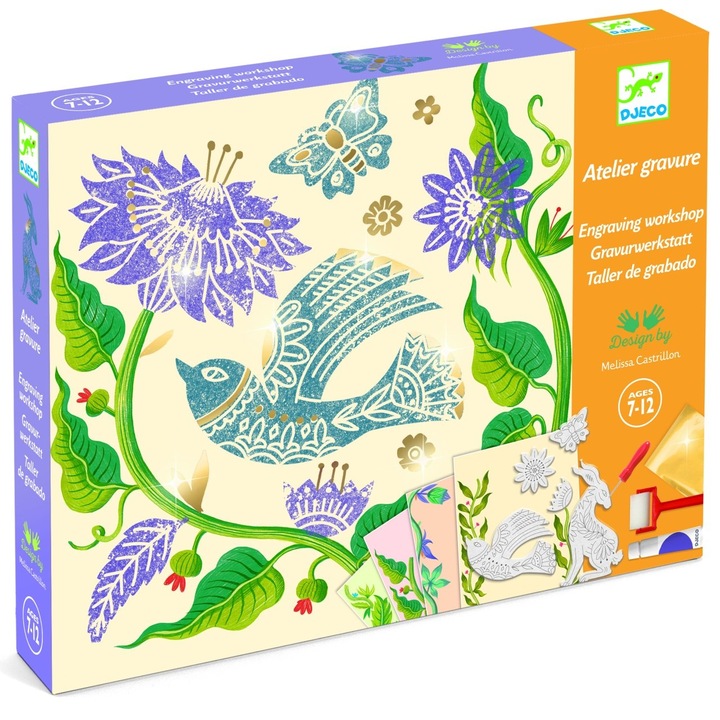 Atelier creativ de gravura, Pasiune pentru flori, Djeco, 36 piese, 7–12 ani
