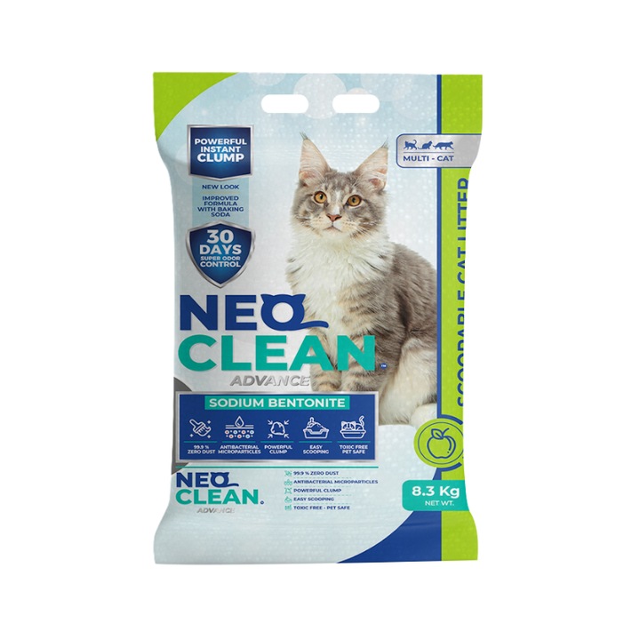 Бентонитова постелка NEO Clean 10L, със сода бикарбонат, аромат на ябълка, абсорбираща, без прах, за котки