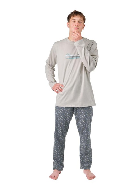 Pijama barbati Gino, bumbac, maneca lunga, pantaloni lungi, multicolor