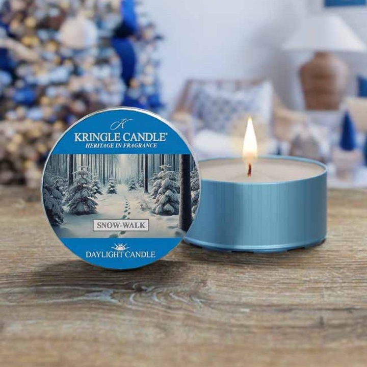 Мини свещ Daylight Kringle Candle Snow-Walk, мента, ванилия, бял шоколад, синьо/бяло