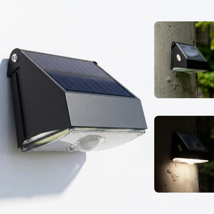 Lampa Solara LED, De Exterior, UMMO®, De Perete, 1000LM, Senzor Miscare PIR 5-10m, Panou Solar Eficient, Baterie Mare Capacitate, Waterproof, Plastic Termodisipator, Gradina, Curte, Scari, Terasa, Montare Rapida, Lampa Solara, Negru