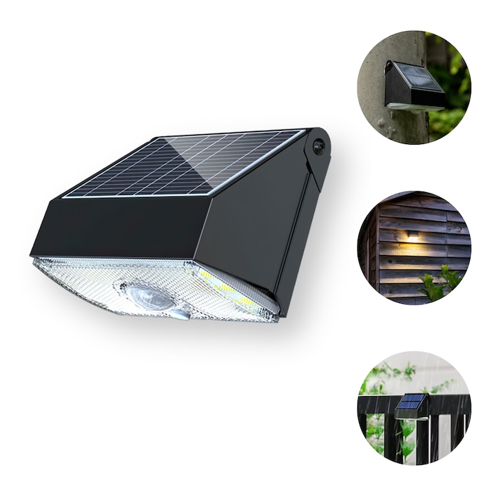 Външна соларна лампа UMMO®, LED, 1000LM, PIR сензор за движение 5-10м, ефективен соларен панел, батерия с голям капацитет, IP54 водоустойчива, топлоотвеждаща пластмаса, градина, двор, стълби, тераса, бърз монтаж, черна