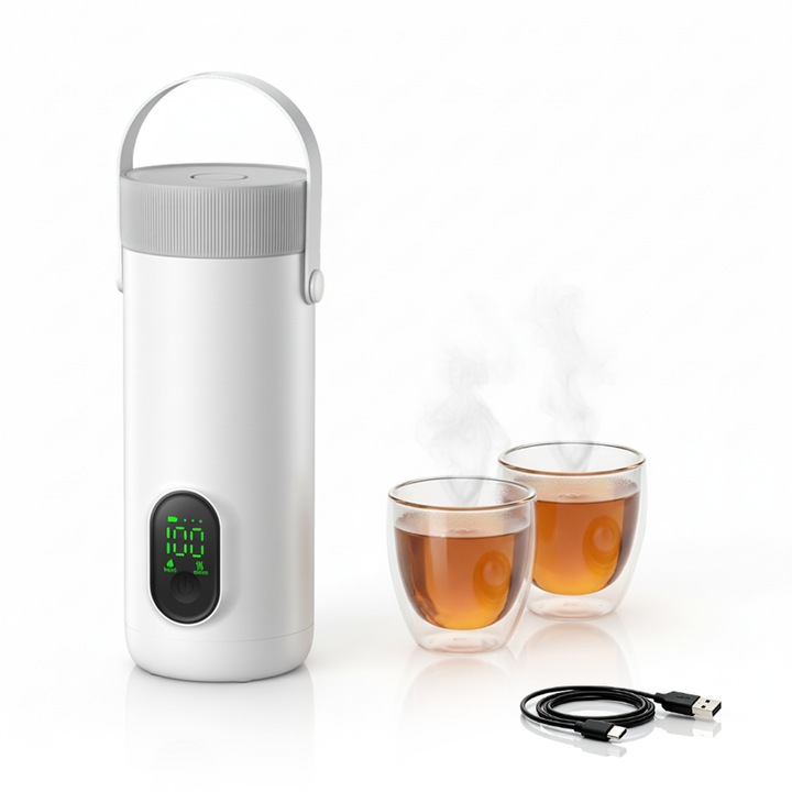 Fierbator portabil UMMO®, Wireless, Baterie 27000mAh, 6 trepte de temperatura 45-100°C, incarcare Type-C 18W, 350 ml, interior otel inoxidabil, Termos, alb, Ceai, Cafea, Pentru calatorii