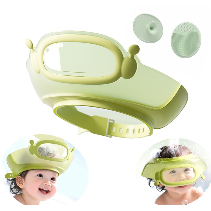 Casca de baie pentru bebelusi, protectie pentru ochi si urechi, reglabila si elastica, din silicon moale, model robot, 21×21 cm, cu perie de masaj pentru scalp din silicon cadou, verde