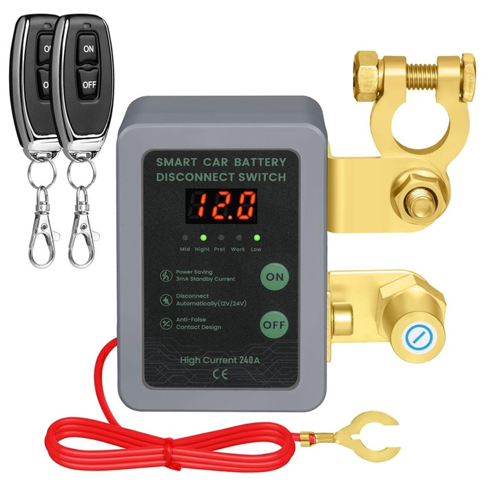 Intrerupator automat deconectare baterie， afisaj LED pentru tensiune, Comutator de deconectare baterie 12V 240A cu telecomanda, AjieQaQ®， dispozitiv inteligent oprire a tensiunii, pentru masini, Barci, ATV-uri, Universal, Gri