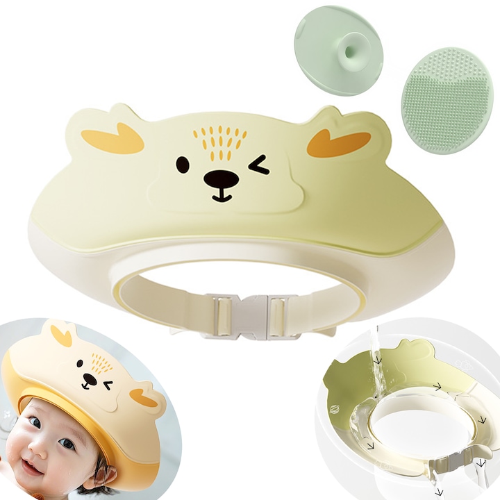 Casca de baie pentru bebelusi, protectie pentru ochi si urechi, reglabila si elastica, din silicon moale, model caprioara, 23×23 cm, cu perie de masaj pentru scalp din silicon cadou, verde