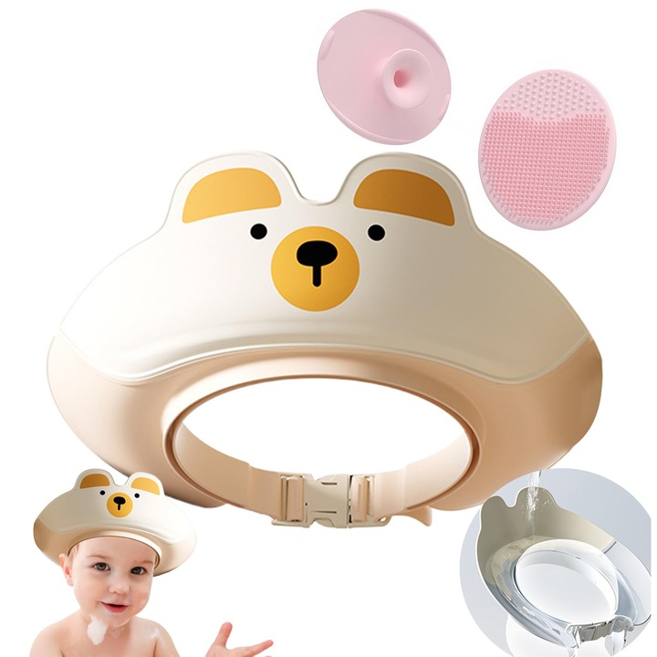 Casca de baie pentru bebelusi, protectie pentru ochi si urechi, reglabila si elastica, din silicon moale, model ursulet, 22×22 cm, cu perie de masaj pentru scalp din silicon cadou, culoare crem