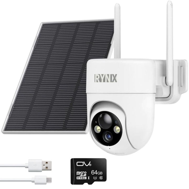 Camera de supraveghere 360° RYNIX cu Panou Solar, Outdoor, 2K, Color Night Vision/2-Way Audio, 2.4GHz Wi-Fi, card 64gb inclus