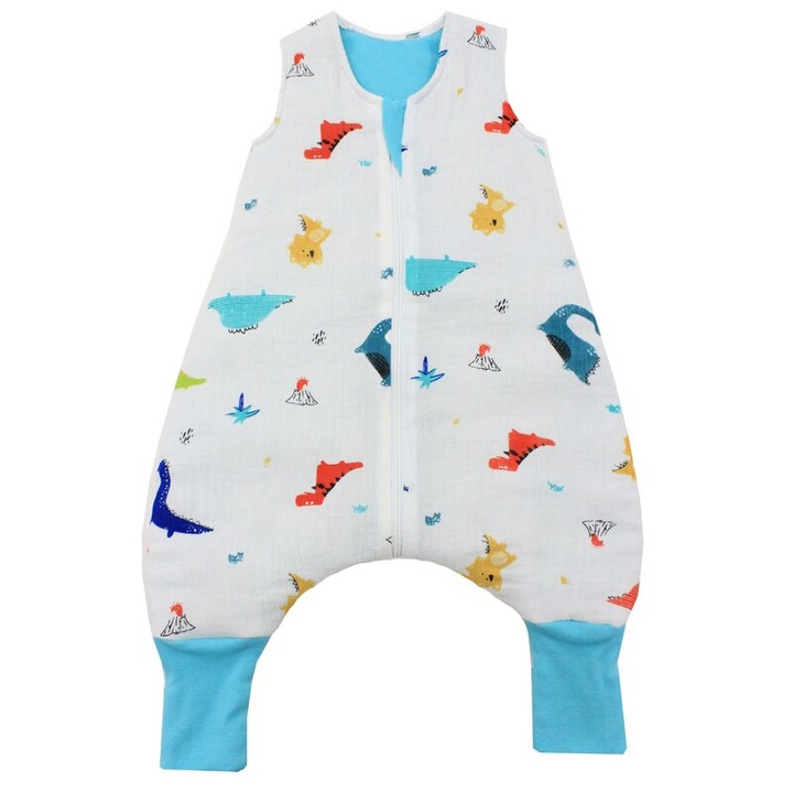 Sac de dormit, vara, cu picioare, muselina dinozauri colorati 80-92 CM