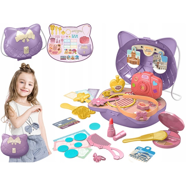 Set cosmetic pentru copii, model pisica, 31 elemente, 22.5x20x19cm, multicolor