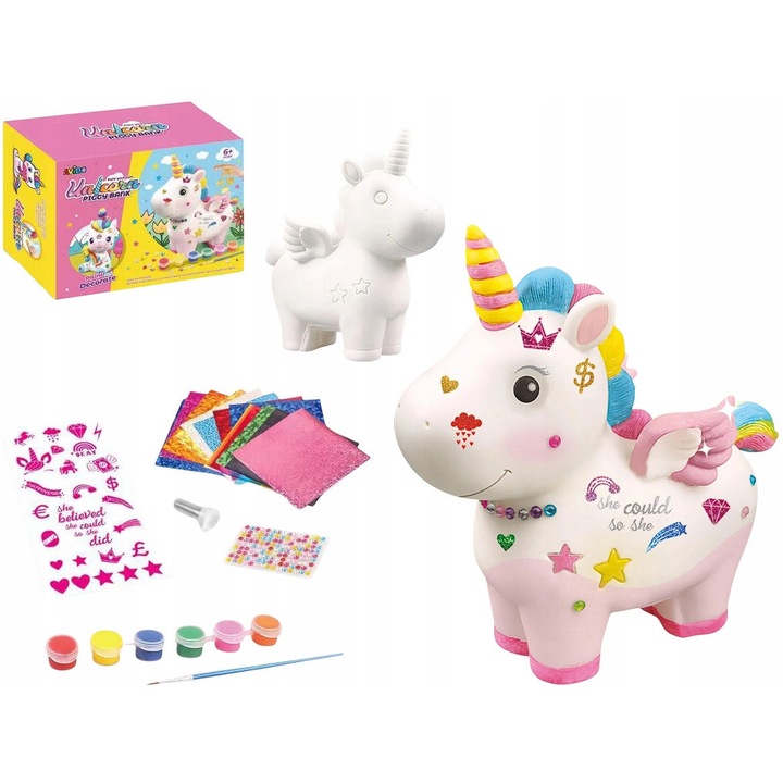 Pusculita in forma de unicorn, set creativ cu vopsele, stickere, diamante, glitter, 23x10x17cm, multicolor