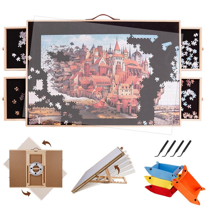 Baowor® Fa puzzle asztal 4 fiókkal 4 tároló dobozzal 1500 darabos forgó és dönthető mechanizmus 2 az 1-ben 360°-ban forgatható csúszásgátló filc 90x65cm