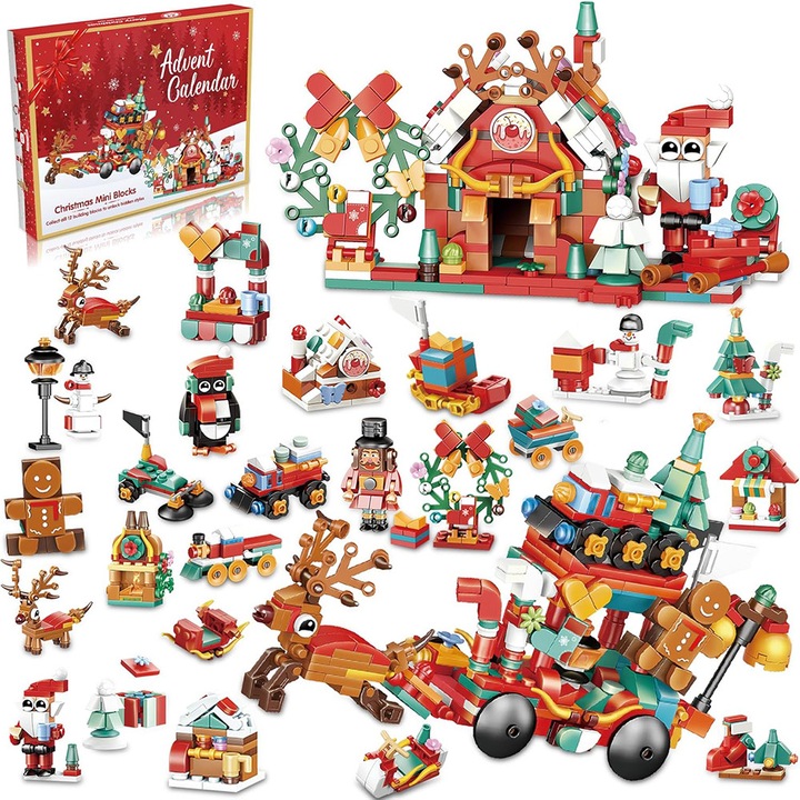 Baowor® Комплект блокове за коледен адвент календар 24 дни Коледен влак Коледна къща Многоцветен