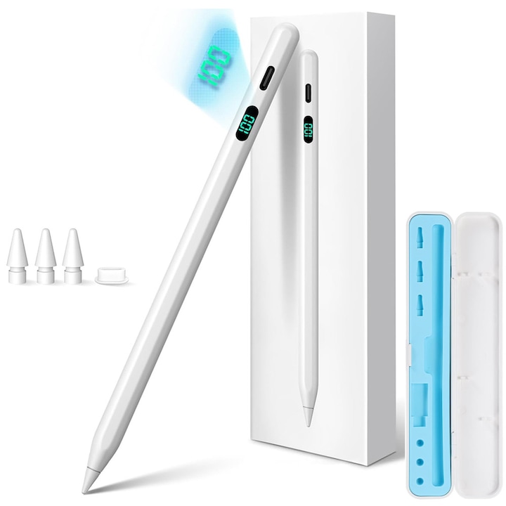 Baowor® Stylus pen pentru iPad Apple 2018-2025 profesional capacitiv penite anti-zgarieturi pix cu functie palm rejection tilt fara lag fast charge magnetic Afisaj Baterie Stylus USB-C plastic Alb