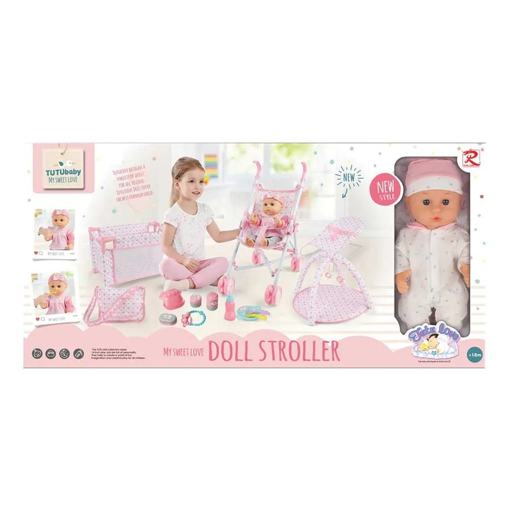 Set de joaca papusa cu carucior, patut si accesorii