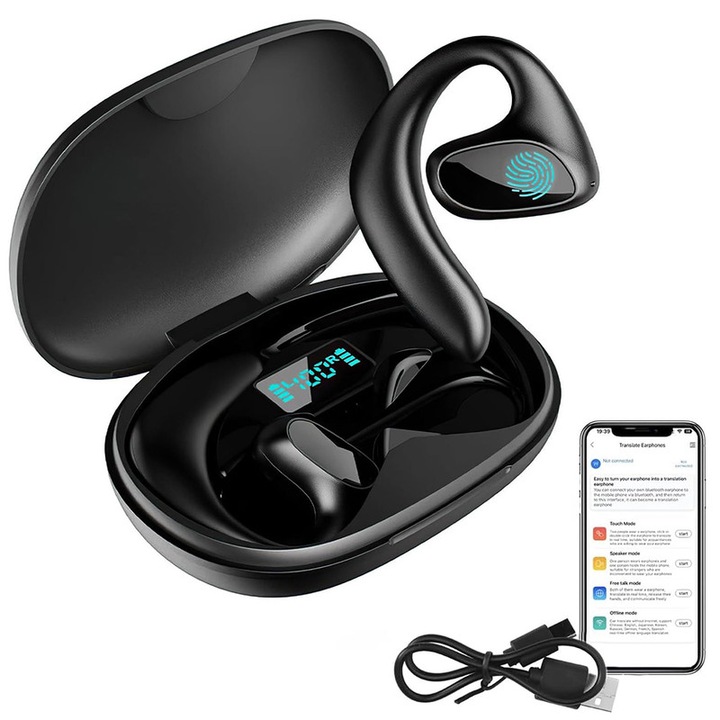 Casti inteligente, traducere in timp real cu inteligenta artificiala, cu afisaj digital, suporta 144 de limbi, sundiguer, negru