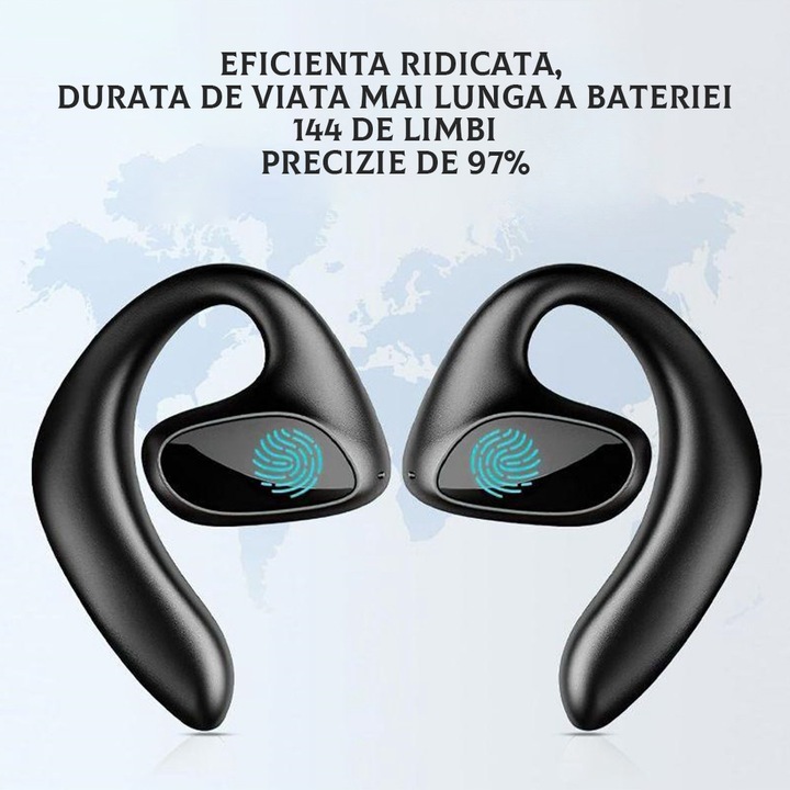 Casti inteligente, traducere in timp real cu inteligenta artificiala, cu afisaj digital, suporta 144 de limbi, sundiguer, negru