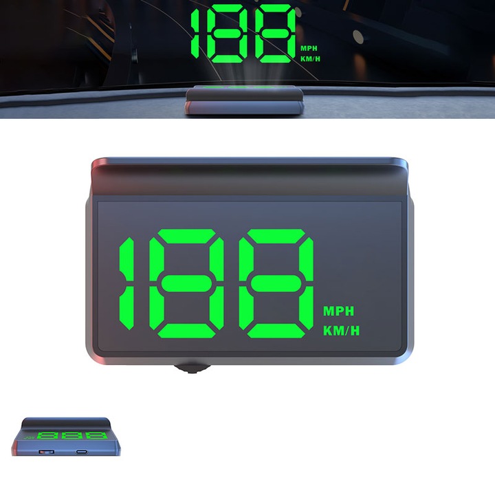Ecran M3 HUD Head Up Display pentru parbriz, Garsonal®, reglare automata a luminozitatii, alerta la depasirea vitezei, Type-C, Plug & Play, Verde