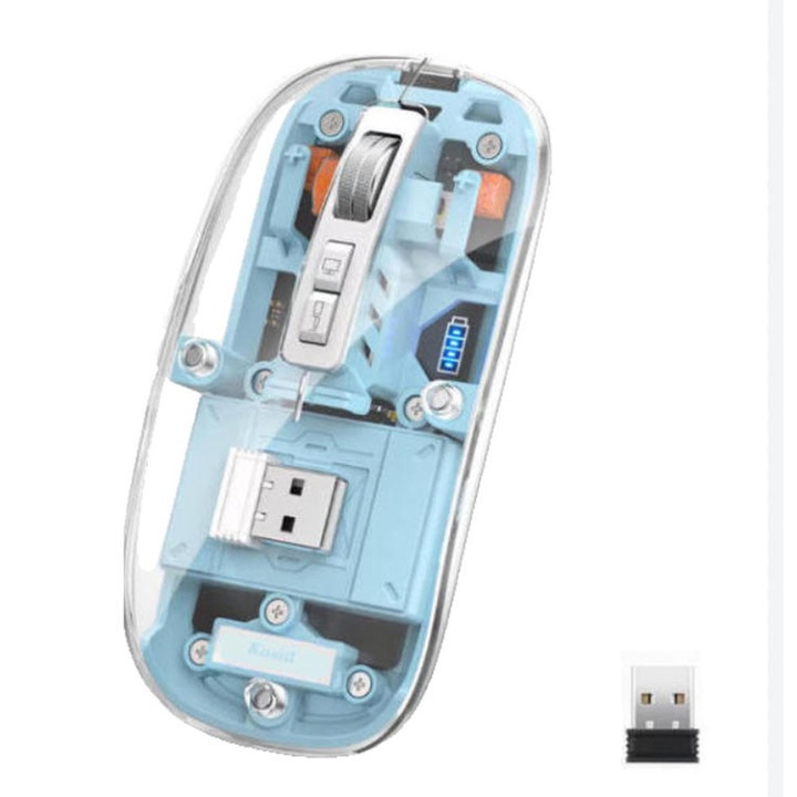 Безжична мишка Kosiil, 4 регулируеми DPI, прозрачна, презареждаема тип C, ергономична, с USB приемник