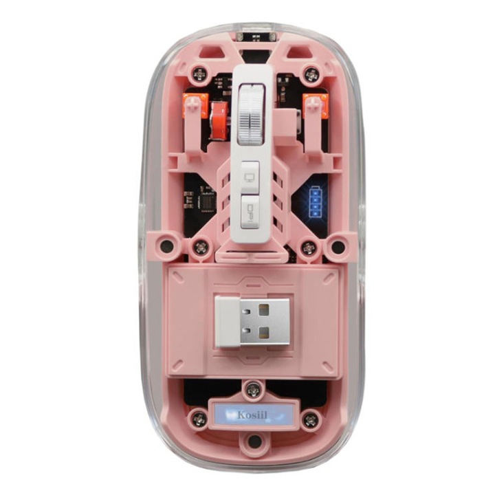 Mouse wireless Kosiil, dual mod Bluetooth 5.1/2.4G, transparent, reincarcabil, 4 DPI ajustabili, 11.2x6x2.6cm, roz