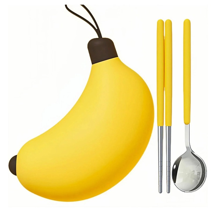 Set de ustensile portabile din inox, BOMSTOM, lingura si betisoare, galben, 18x5x10cm