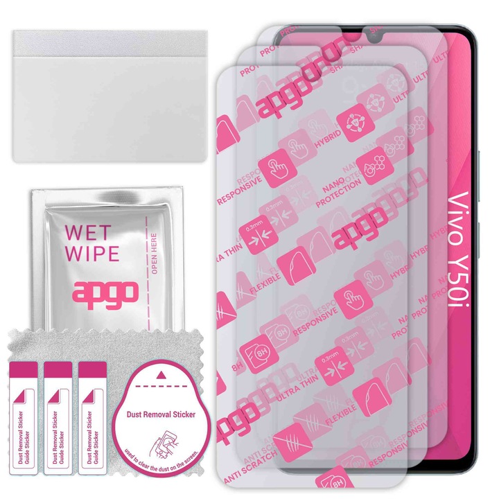 3x apgo Ultra-Clear Hybrid sticla protectoare compatibila cu Vivo Y50i, sticla nano flexibila, inlocuire excelenta pentru sticla temperata